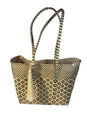Handwoven Tote Bag Mexican Recycled Plastic Tassel Brown Beige Waterproof 12x9.5